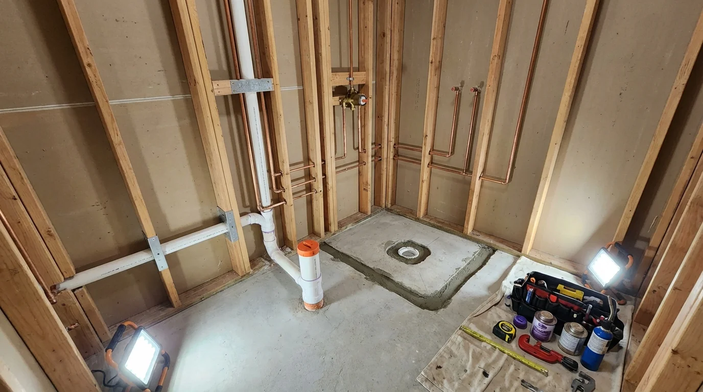 Bathroom rough-in plumbing during remodel by Johns Plumbing LLC in Moriches