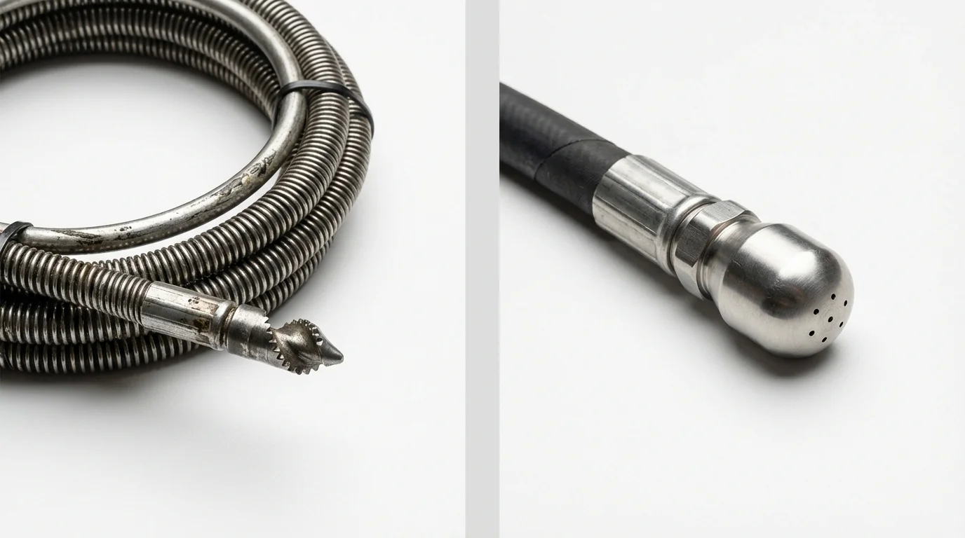 Drain snake cable and hydro jetting nozzle used for drain cleaning in Moriches, NY