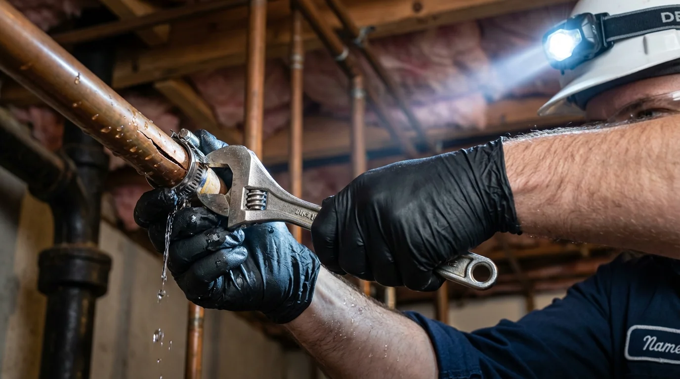 Emergency pipe clamp repair being performed by a Johns Plumbing LLC plumber in Moriches