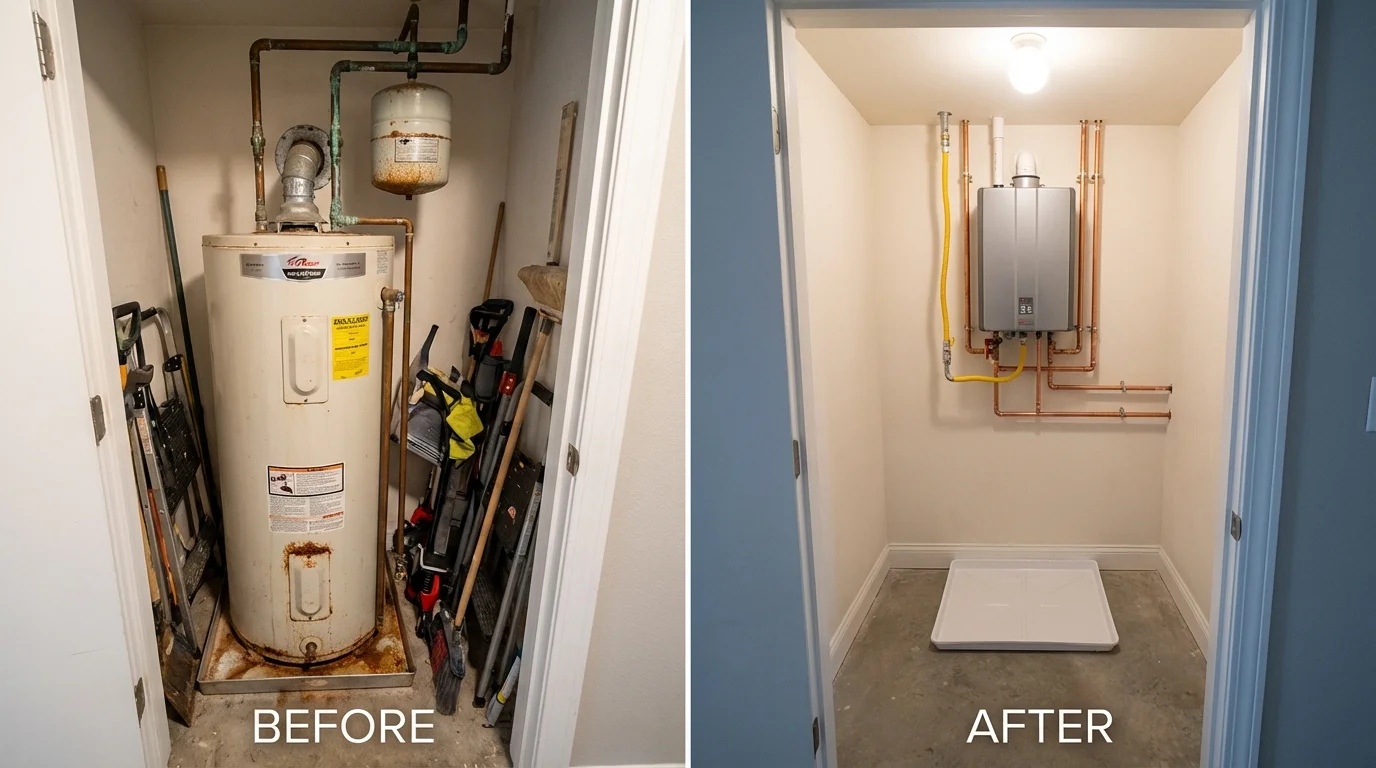 Tank water heater versus wall-mounted tankless unit comparison for Moriches, NY homeowners