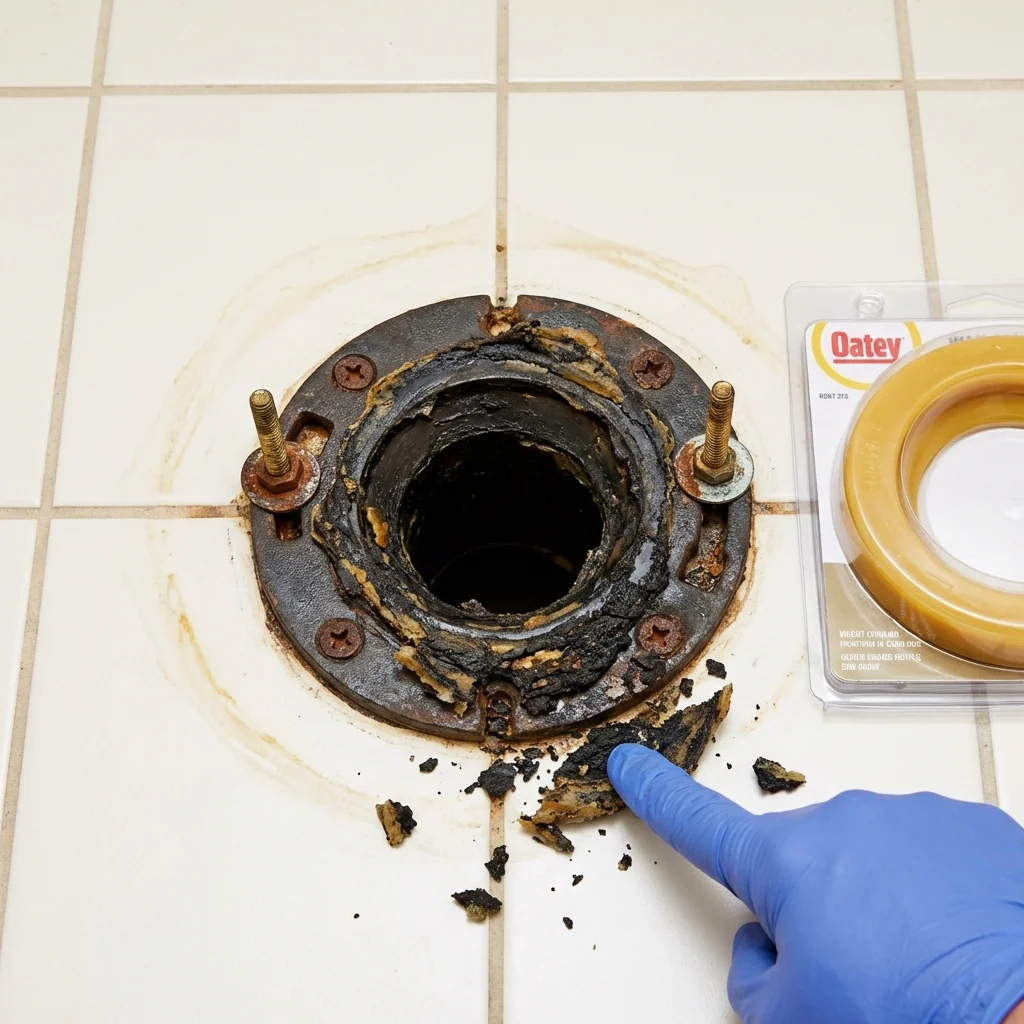 Failed wax ring showing water seepage at the base of a toilet in a Moriches, NY home