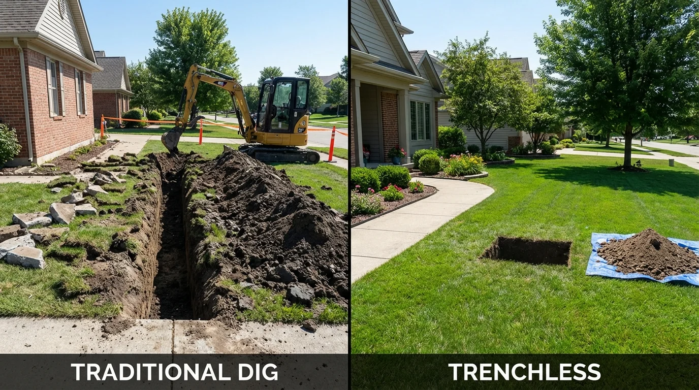 Trenchless sewer repair with minimal yard damage versus traditional excavation in Moriches, NY