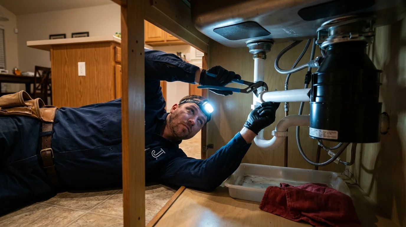 P-trap and supply line connections under a kitchen sink showing a common leak point in Moriches, NY